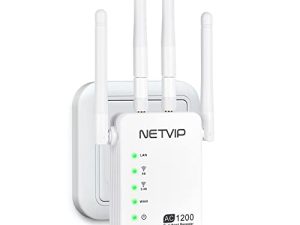 موسع واي فاي NETVIP AC 1200Mbps ، معزز إشارة الإنترنت حتى 6000 قدم مربع و 35 جهازًا ، مكرر WiFi مزدوج النطاق مع منفذ WAN + LAN ، هوائيات 4 * 3dBi ووضع Ponit ، تصميم مضغوط ، إعداد سهل
