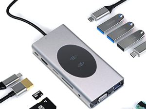 محول USB C Hub متعدد المنافذ ، محطة إرساء 13 في 1 USB C مع شحن لاسلكي ، 4K HDMI ، إيثرنت ، VGA ، صوت 3.5 ملم ، توصيل طاقة 100 وات ، فتحات بطاقة SD / TF ، منافذ USB 3.0 5 جيجابت في الثانية