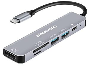 محول PONYBRO USB C Hub متعدد المنافذ 6 in 1،4K 60Hz HDMI Adapter ، 1 USB3.0 + 1 USB2.0 Port ، 65W Power Delivery ، SD / TF Reader ، USB C HDMI Dongle متوافق مع MacBook Pro XPS المزيد من الأجهزة من النوع C.