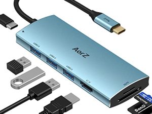 USB C Hub ، USB Hub إلى HDMI Multiport AorZ USB C Dongle Adapter 7 في 1 مع مخرج HDMI ، 3 منافذ USB 3.0 ، منفذ SD / Micro SD ، منفذ شحن 100W PD USB C (أزرق فاتح)