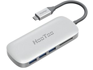 USB C Hub ومحول HooToo USB C مع توصيل طاقة من النوع C وقارئ بطاقات و 3 منافذ USB 3.0 لأجهزة MacBook Pro و Google Chromebook والمزيد من أجهزة USB C