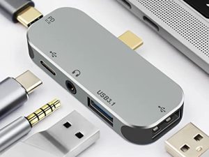 Maxhood USB C HUB ، محول متعدد المنافذ 5 في 1 USB C HUB ، مع منفذ USB C لإيصال الطاقة 100 وات ، منافذ USB 3.0 / 2.0 بسرعة 5 جيجابت في الثانية ، منفذ صوت / ميكروفون 3.5 ملم لأجهزة الكمبيوتر المحمول Thunderbolt 3 & Type C