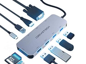 محول USB C Hub متعدد المنافذ - iDriveTech 10 في 1. منافذ USB 4x ، منافذ HDMI و VGA ، قارئ بطاقات SD / TF ، منفذ جيجابت إيثرنت ، منفذ USB-C. متوافق مع MacBook Pro والمزيد من أجهزة Type C (Thunderbolt 3)