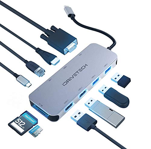 محول USB C Hub متعدد المنافذ - iDriveTech 10 في 1. منافذ USB 4x ، منافذ HDMI و VGA ، قارئ بطاقات SD / TF ، منفذ جيجابت إيثرنت ، منفذ USB-C. متوافق مع MacBook Pro والمزيد من أجهزة Type C (Thunderbolt 3) محول USB C Hub متعدد المنافذ - iDriveTech 10 في 1. منافذ USB 4x ، منافذ HDMI و VGA ، قارئ بطاقات SD / TF ، منفذ جيجابت إيثرنت ، منفذ USB-C. متوافق مع MacBook Pro والمزيد من أجهزة Type C (Thunderbolt 3)