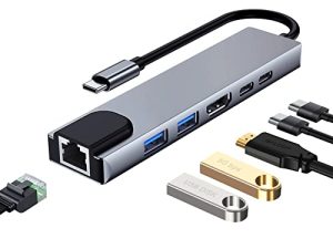 محطة إرساء USB C ، موزع USB C 6 في 1 ، منفذ w / Ethernet ، HDMI 4K ، USB A 3.0 بيانات 5 جيجابت في الثانية ، USB A 2.0 ، USB C ، 60 وات PD