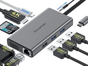 PULWTOP 10 in 1 USB C Hub Multiport Adaptor، USB C Docking Station to HDMI 4K 30Hz، VGA، Ethernet، USB 3.0، USB A 2.0، TF / SD، Audio، MacBook Dongle لأجهزة MacBook Dell HP Lenovo Laptop Type C