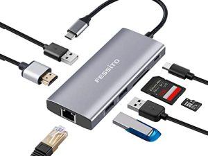 Fessito USB C Hub ، 9 في 1 Type Hub مع HDMI 4K30hz ، شحن 100W PD ، إلى RJ45 Ethernet ، 3.0 منافذ ، قارئ بطاقات SD / TF ، محولات متعددة المنافذ لأجهزة الكمبيوتر المحمول MacBook / Pro / Air والأجهزة ، رمادي