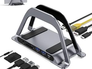 محطة إرساء PULWTOP MacBook ، قاعدة إرساء USB C مع حامل عمودي متوافق مع MacBook Pro / Air ، مع 4K HDMI ، 3 USB ، SD / TF ، PD3.0 ، RJ45 Ethernet ، صوت 3.5 ملم ، لأجهزة الكمبيوتر المحمولة HP / Dell / Lenovo