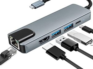 USB C Hub ، 5 في 1 USB C إلى 4K HDMI ، محول USB C متعدد المنافذ مع منفذ إيثرنت ، 100 واط توصيل الطاقة PD من النوع C ، منفذ شحن USB 3.0 و 2.0 متوافق مع MacBook Pro ، XPS ، أجهزة USB C ، رمادي