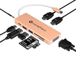 NOV8Tech Docking Station Gold USB C Hub لجهاز MacBook Air M1 2022 2021 2020 2019 2018 ، شاشة ثلاثية 9 في 1 USB C إلى محول HDMI مزدوج مع VGA لأجهزة الكمبيوتر المحمولة TB3 USB-C 100W PD ، 2 USB ، قارئ SD / Micro SD