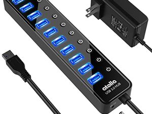 موزع USB 3.0 بالطاقة ، موزع بيانات USB 10 منافذ أتولا مع مفاتيح تشغيل / إيقاف فردية ومحول طاقة 12 فولت / 2.5 أمبير لتمديد USB للماوس أو لوحة المفاتيح أو محرك الأقراص الثابتة أو المزيد من أجهزة USB