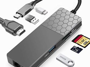ikismet USB C Hub Ethernet ، محول 7-in-1 USB C Hub متعدد المنافذ مع 4K HDMI ، 1000M LAN ، 100 وات توصيل الطاقة ، فتحات بطاقة SD / TF ، 2 منفذ USB 3.0 لأجهزة MacBook Pro و MacBook Air و XPS والمزيد من أجهزة USB C