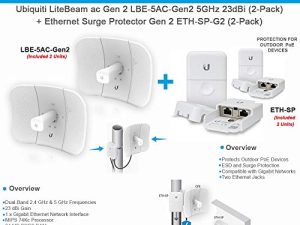 LiteBeam ac Gen 2 LBE-5AC-Gen2 5GHz Airmax 2X2 MIMO 23dBi 450+ Mbps CPE (2-Pack) مع Ethernet Surge Protector ETH-SP للأماكن الخارجية عالية السرعة (2-Pack)